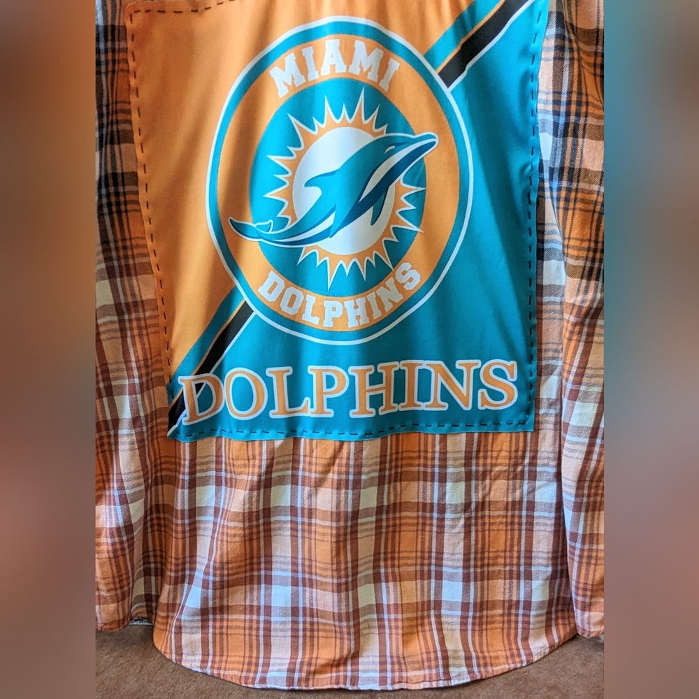 Miami Dolphins Upcycled Handcrafted Dip Dyed Bleached Flannel Shirt - Picture 3 of 13